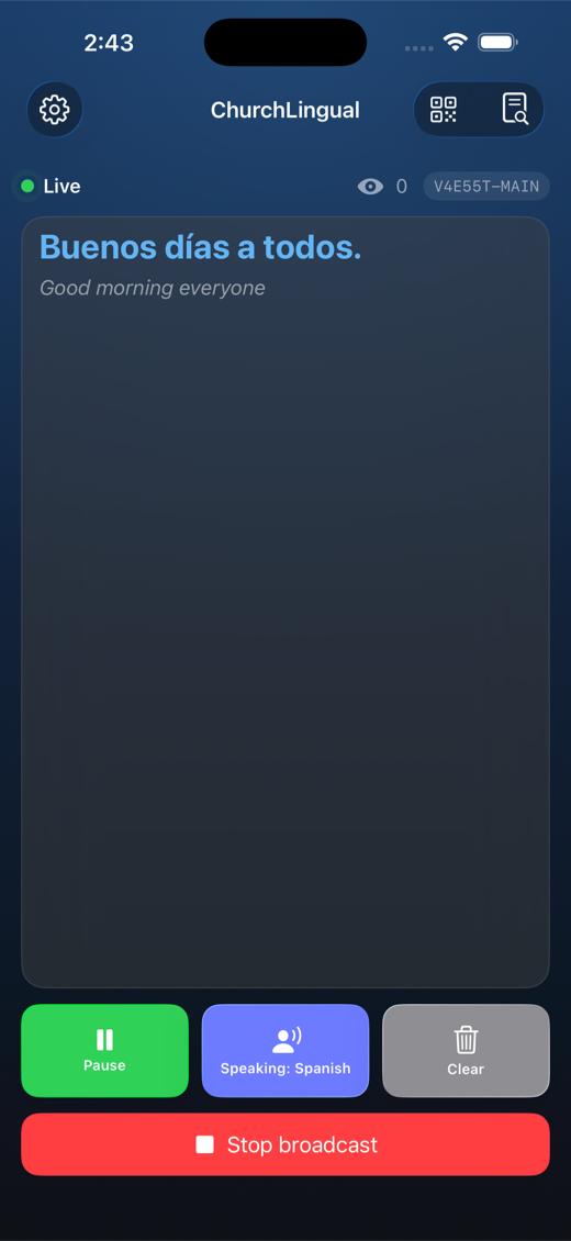 ChurchLingual broadcaster screen