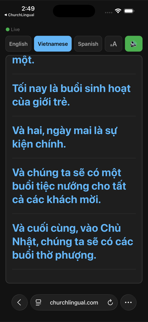ChurchLingual viewer reading live translation in their language